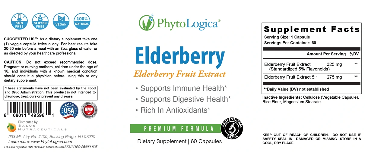 Phytologica Elderberry Fruit Extract Pills for Supporting Digestion and Immune System Fact Sheet Label