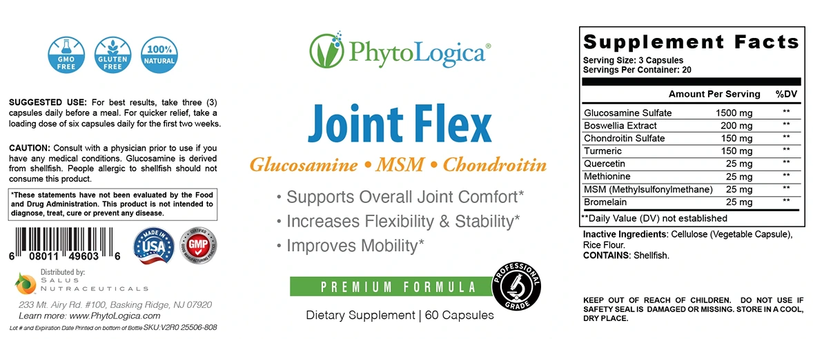 Phytologica Joint Flex Capsules with Glucosamine, Chondroitin, MSM and Turmeric Fact Sheet Label