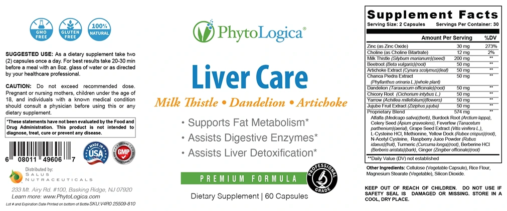 Phytologica Liver Support and Detox Herbs Supplement Pills Fact Sheet Label