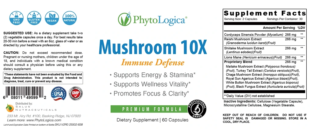 Phytologica Immune Support Mushroom Supplements Fact Sheet Label