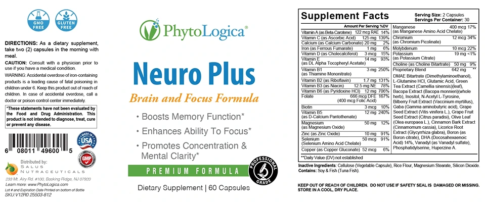 Phytologica Neuro Plus Supplements for Studying, Energy and Focus Booster Pills Fact Sheet Label