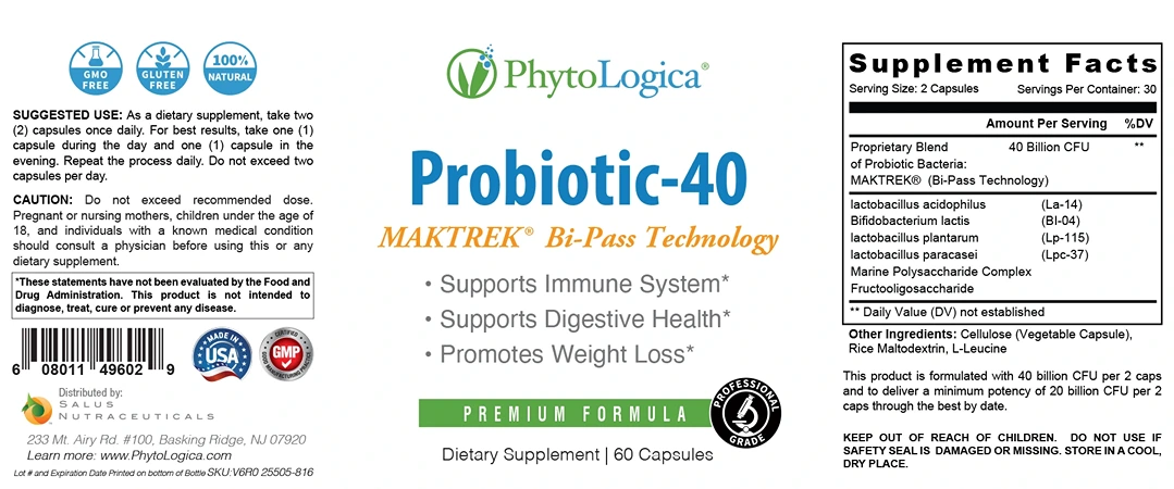 Phytologica Probiotic 40 Billion CFU Fact Sheet Label