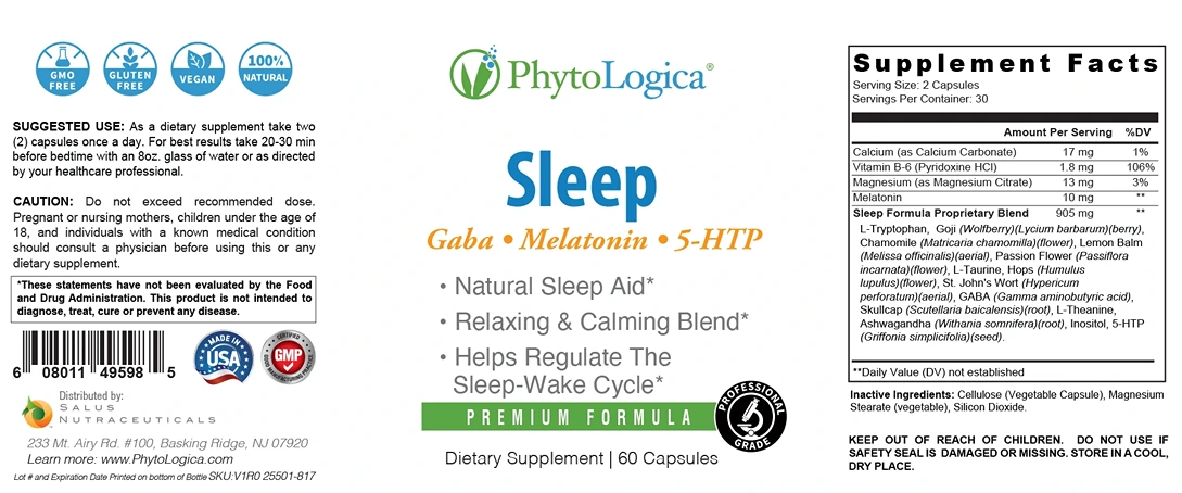 Phytologica Natural Sleep Support Supplements for Regulating Sleep-Wake Cycle Fact Sheet Label