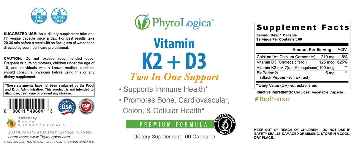 Phytologica D3 K2 Vitamin 5000 IU Capsules Fact Sheet Label